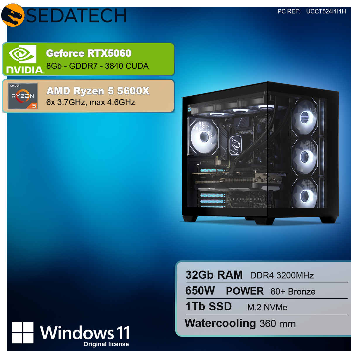 Komputer do gier ze specyfikacjami NVIDIA i AMD, systemem Windows 11 i podzespołami w obudowie.