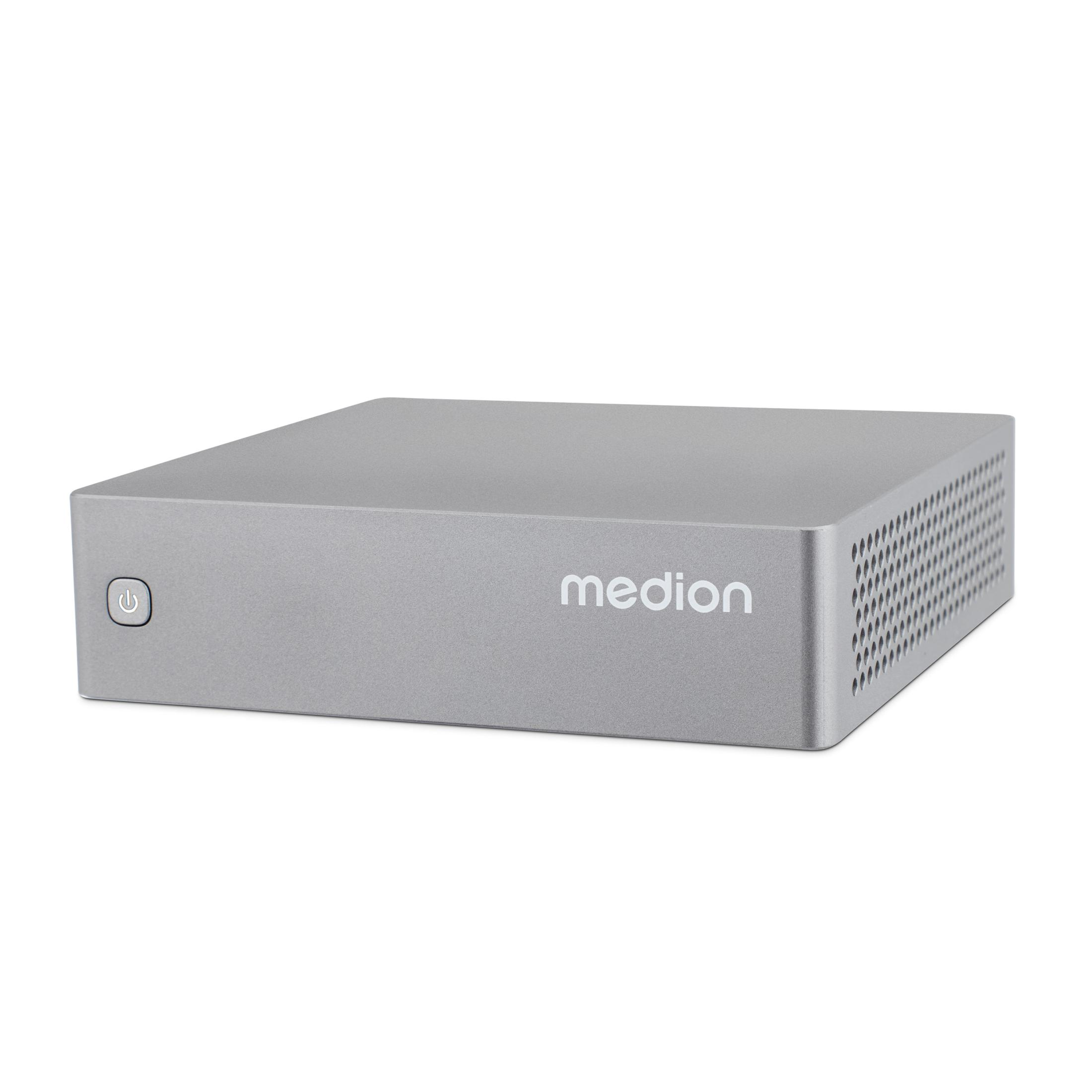 Media box argentato. Pulsante di accensione laterale. Testo Medion sul davanti. Sfondo bianco.