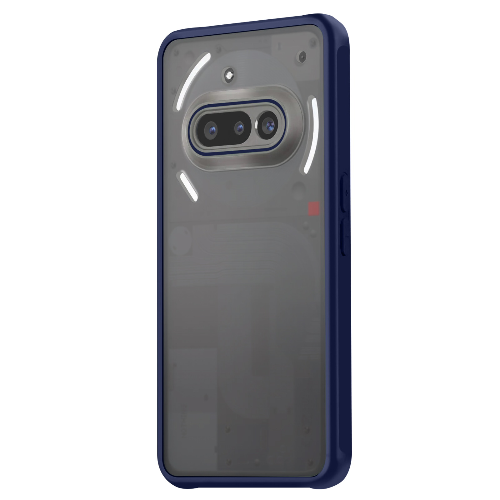 Un étui de smartphone à cadre bleu avec un dos transparent, révélant les composants internes et les caméras du téléphone.