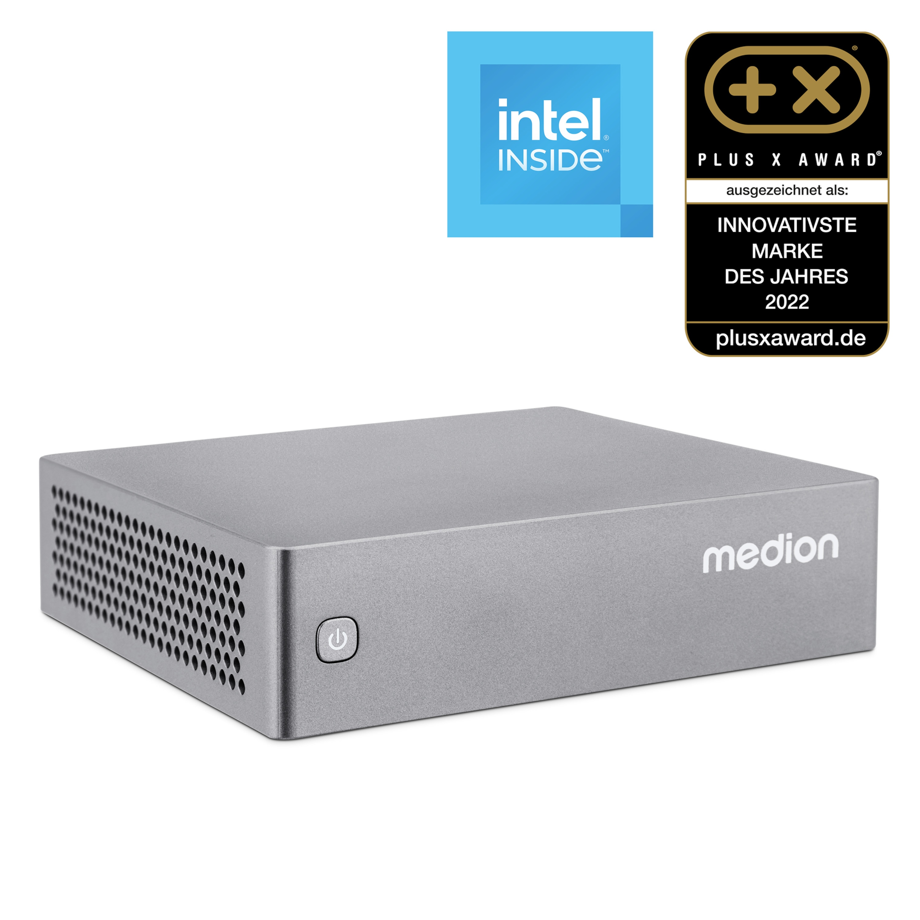 Mini-PC Medion argentato con loghi Intel Inside e Plus X Award.