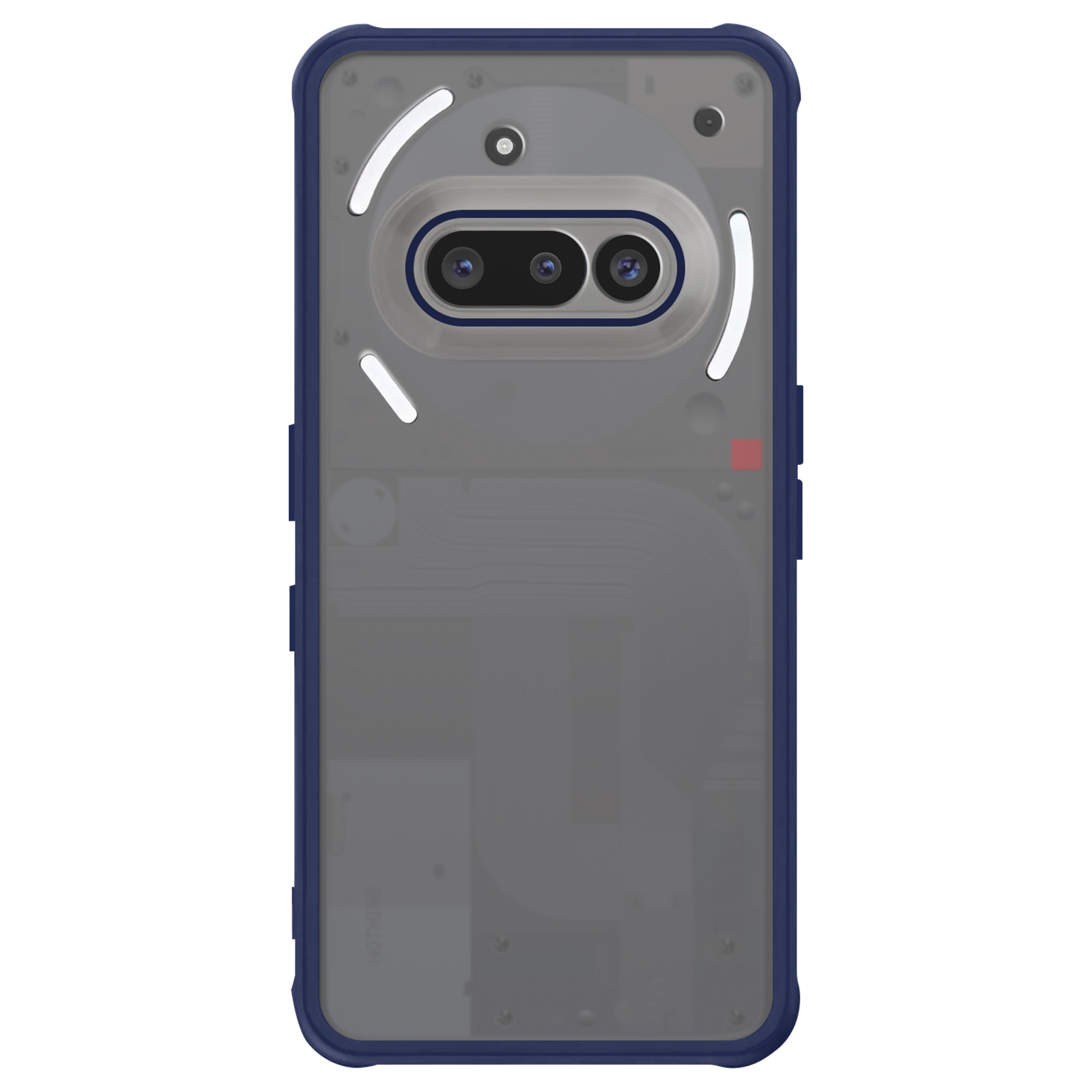 Une coque de téléphone transparente avec un cadre bleu, présentant un téléphone avec un module caméra.