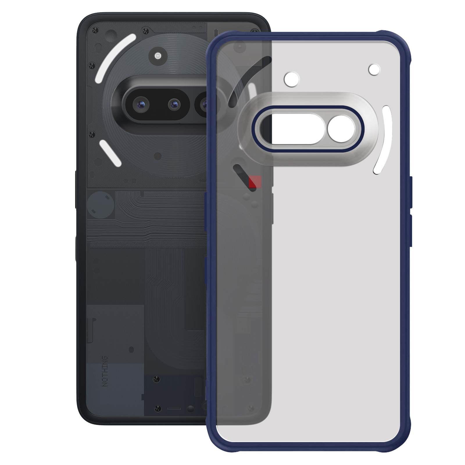 Deux coques de téléphone avec le dos du téléphone visible. Une noire, une transparente avec bord bleu.