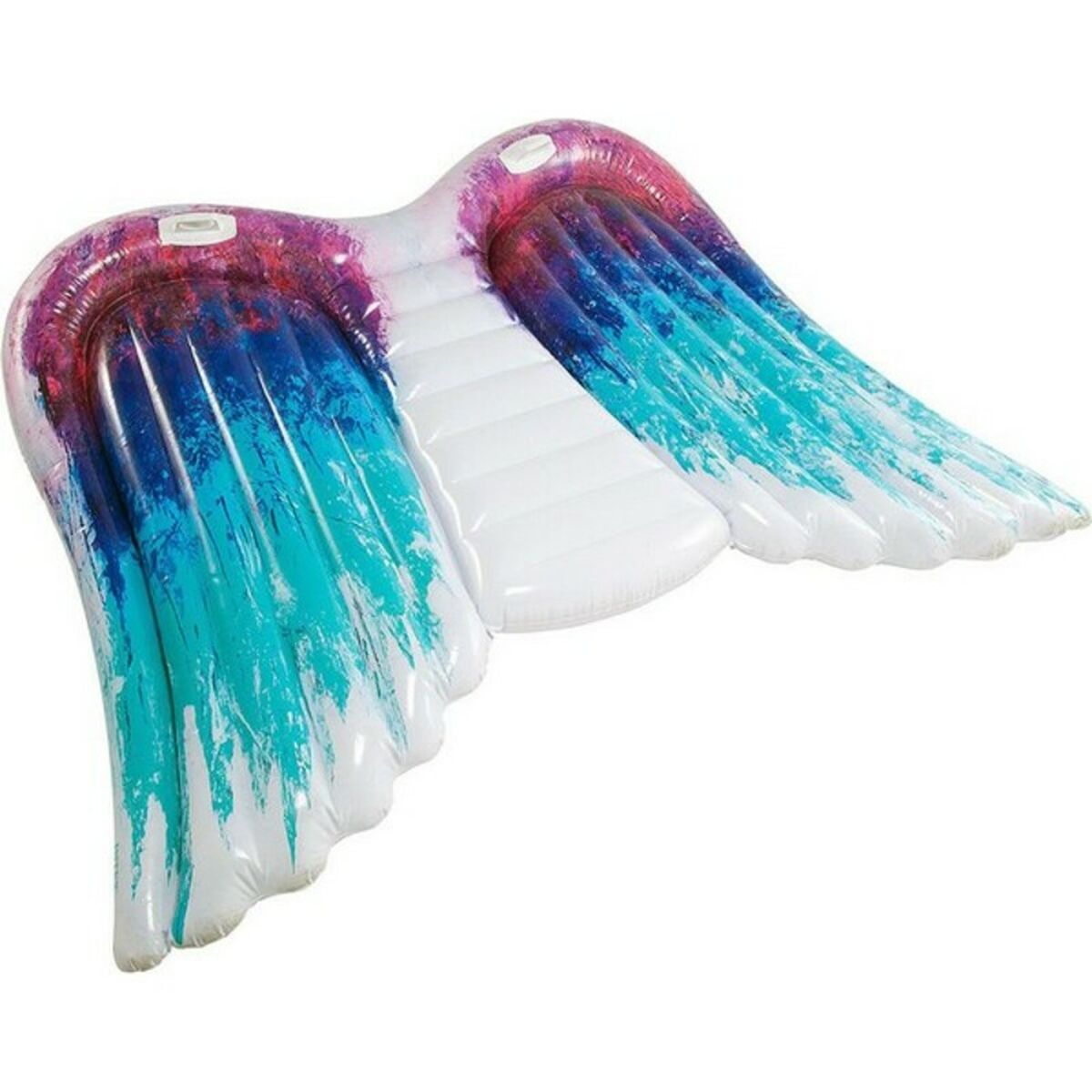 Ein aufblasbarer Pool-Schwimmer in Form von Engelsflügeln, mit einer Mischung aus Farben.