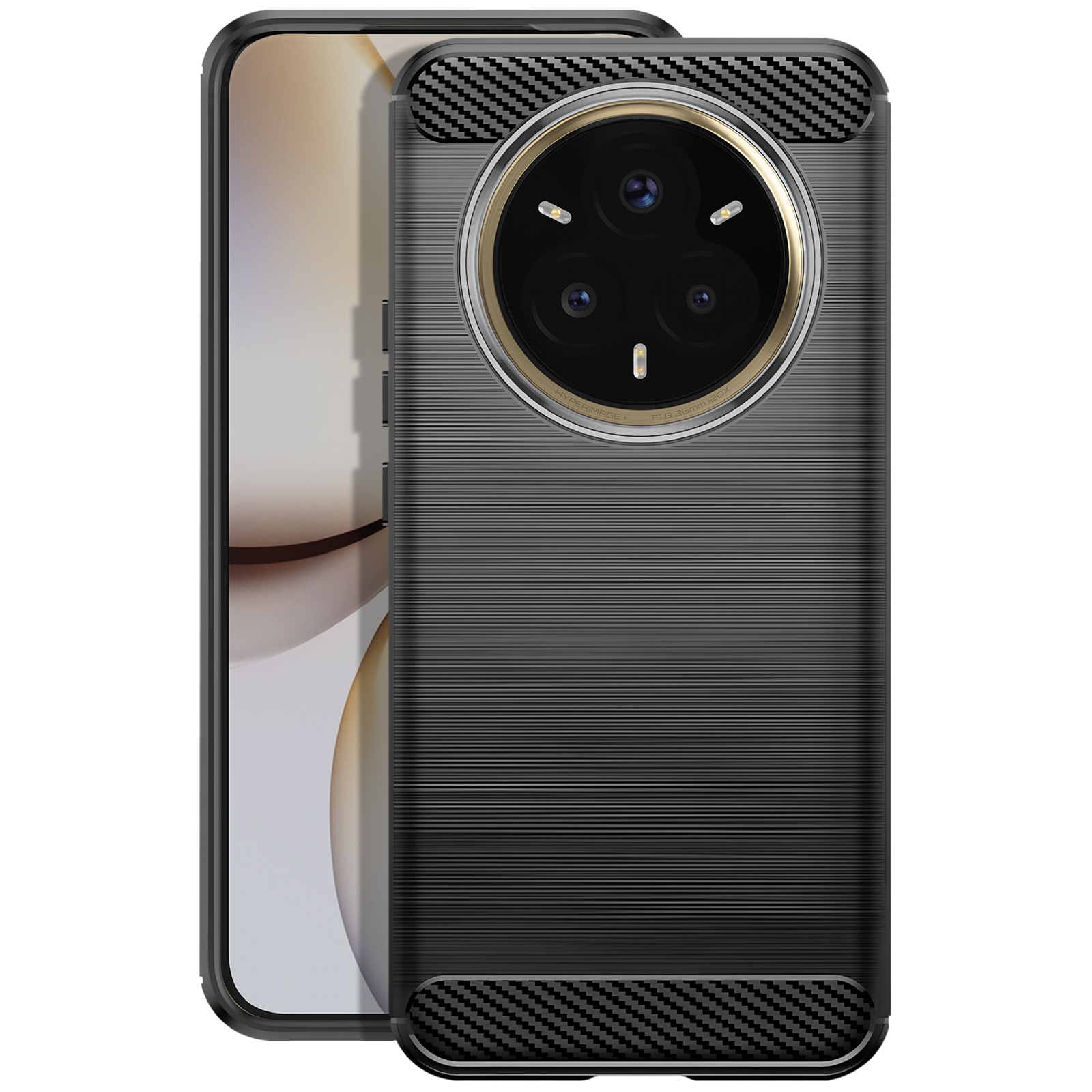 Custodia per telefono nera con alloggiamento per fotocamera a tripla lente e un telefono all'interno.