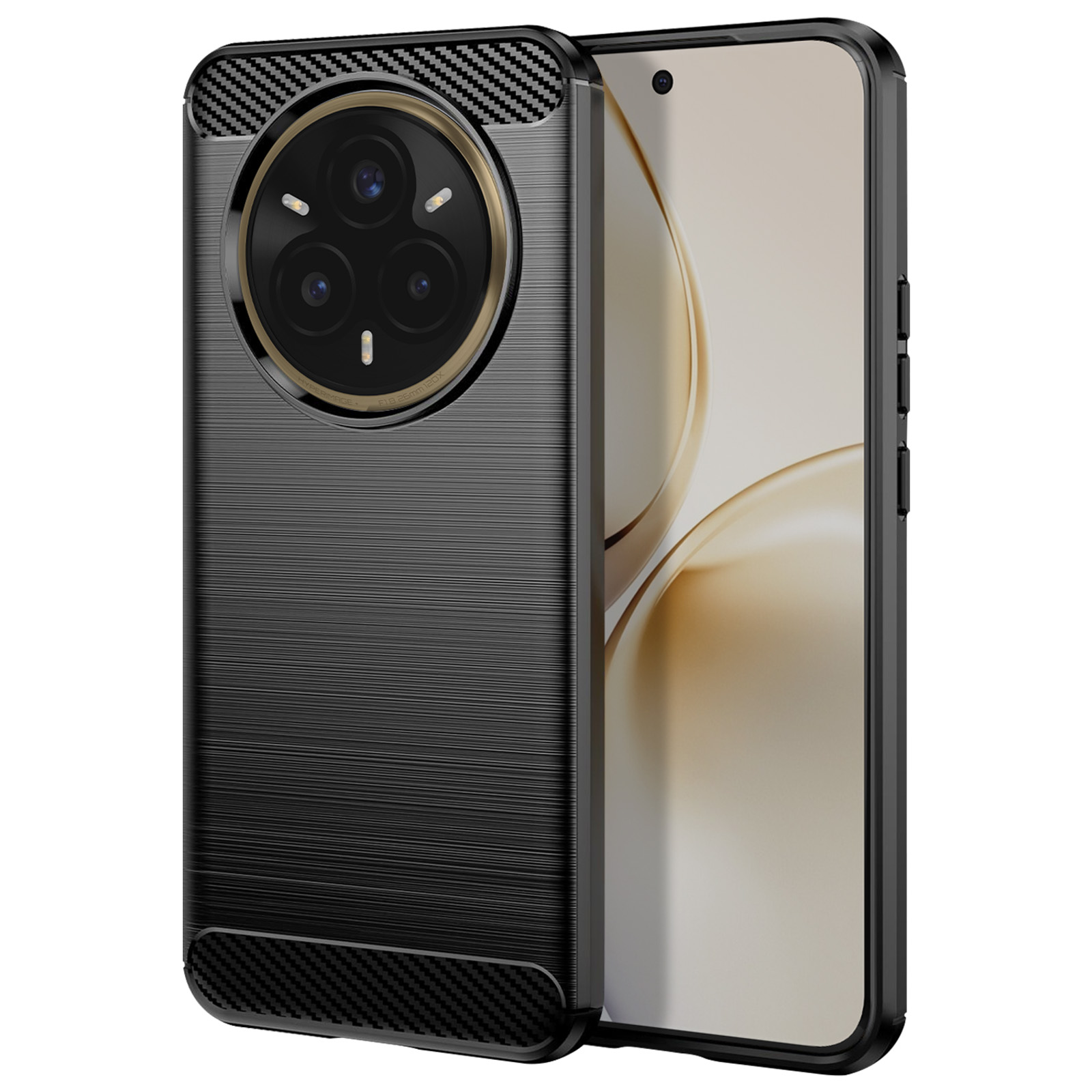 Una custodia nera per telefono con retro strutturato e ritaglio per la fotocamera.
