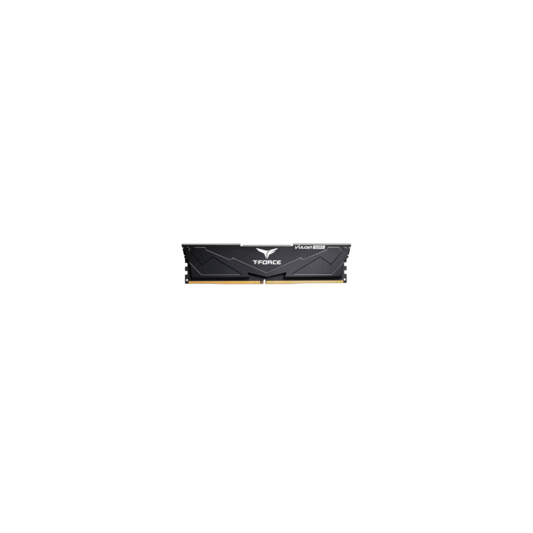 Module de mémoire RAM noir avec l'étiquette 'T-FORCE VULCAN' sur fond blanc.