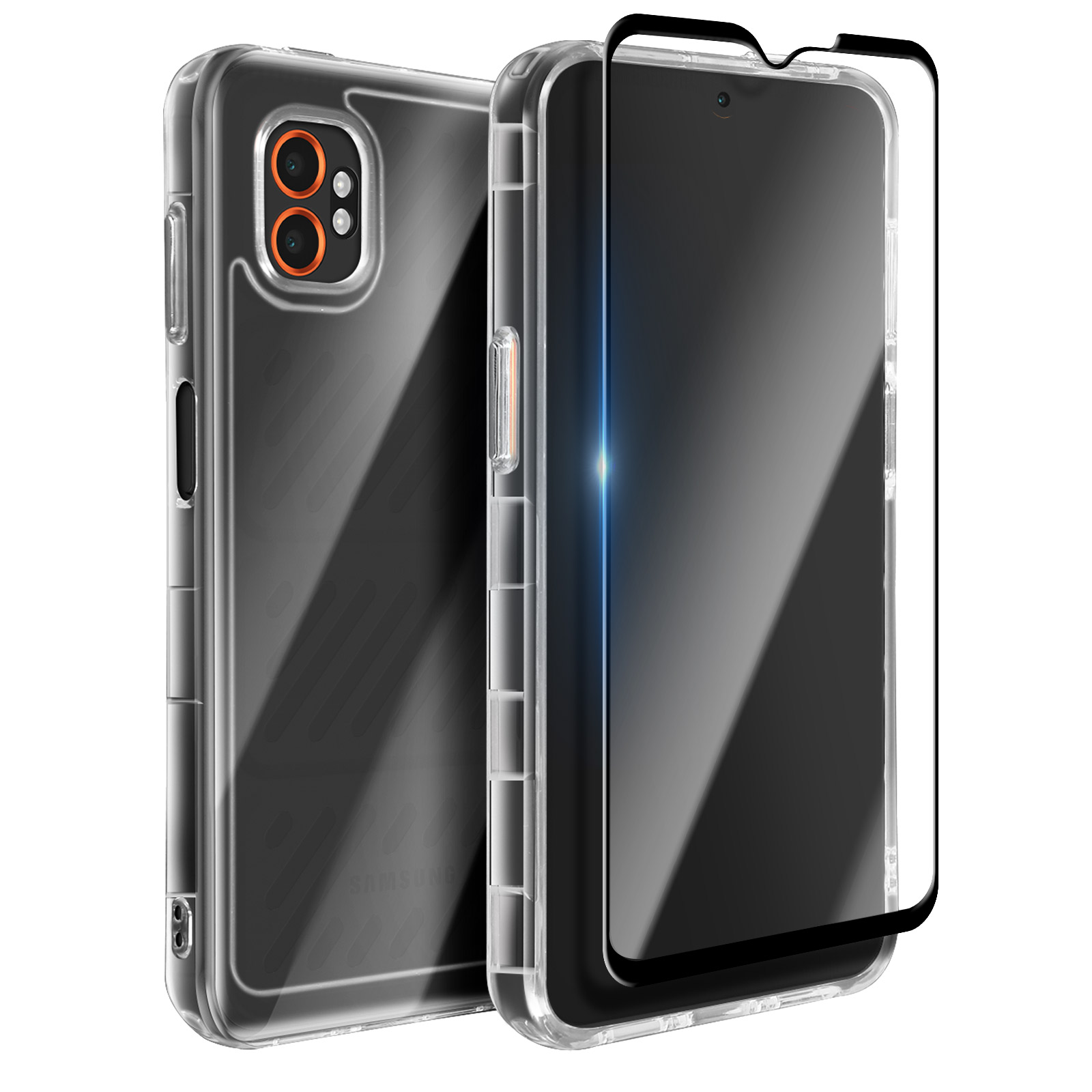 Due custodie per telefono, una con anelli arancioni per la fotocamera, con un telefono su sfondo bianco.