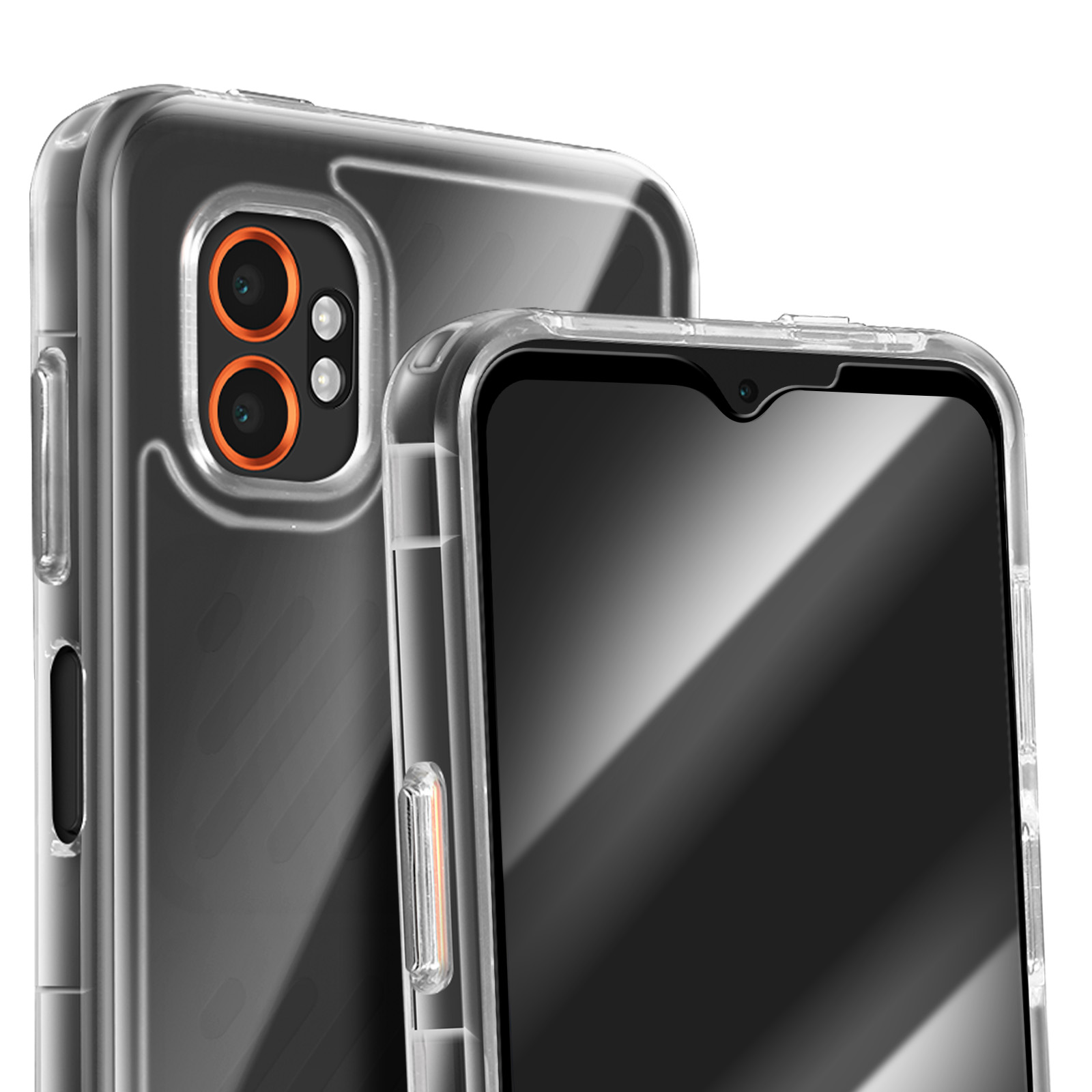 Custodia trasparente per telefono, che mostra il telefono, con anelli arancioni della fotocamera, su sfondo bianco.
