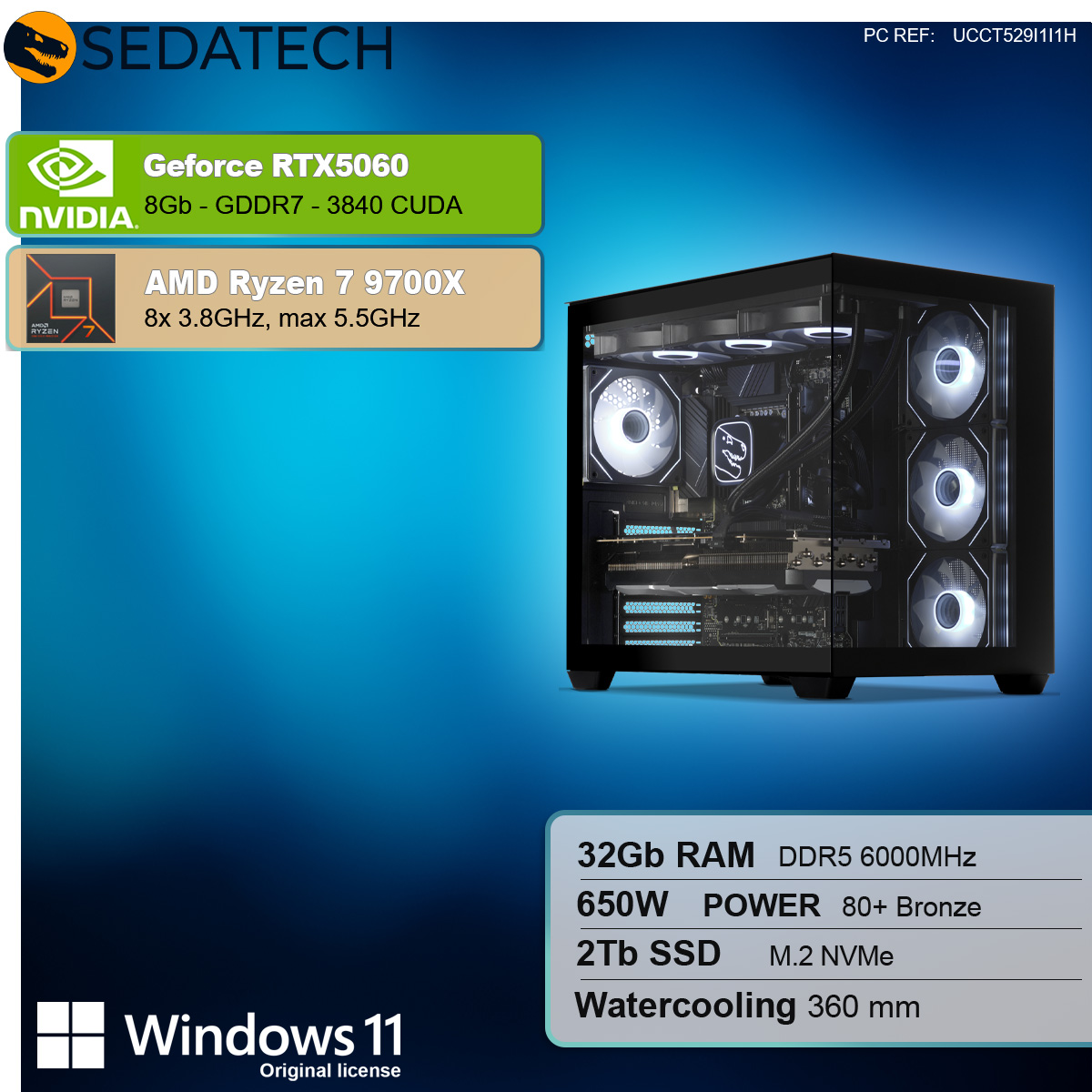 Un computer con componenti etichettati, dettagli delle specifiche e una licenza Windows 11.