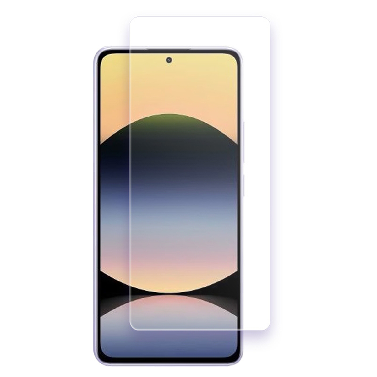 Smartphone con protezione schermo applicata. Lo schermo mostra uno sfondo giallo e viola.