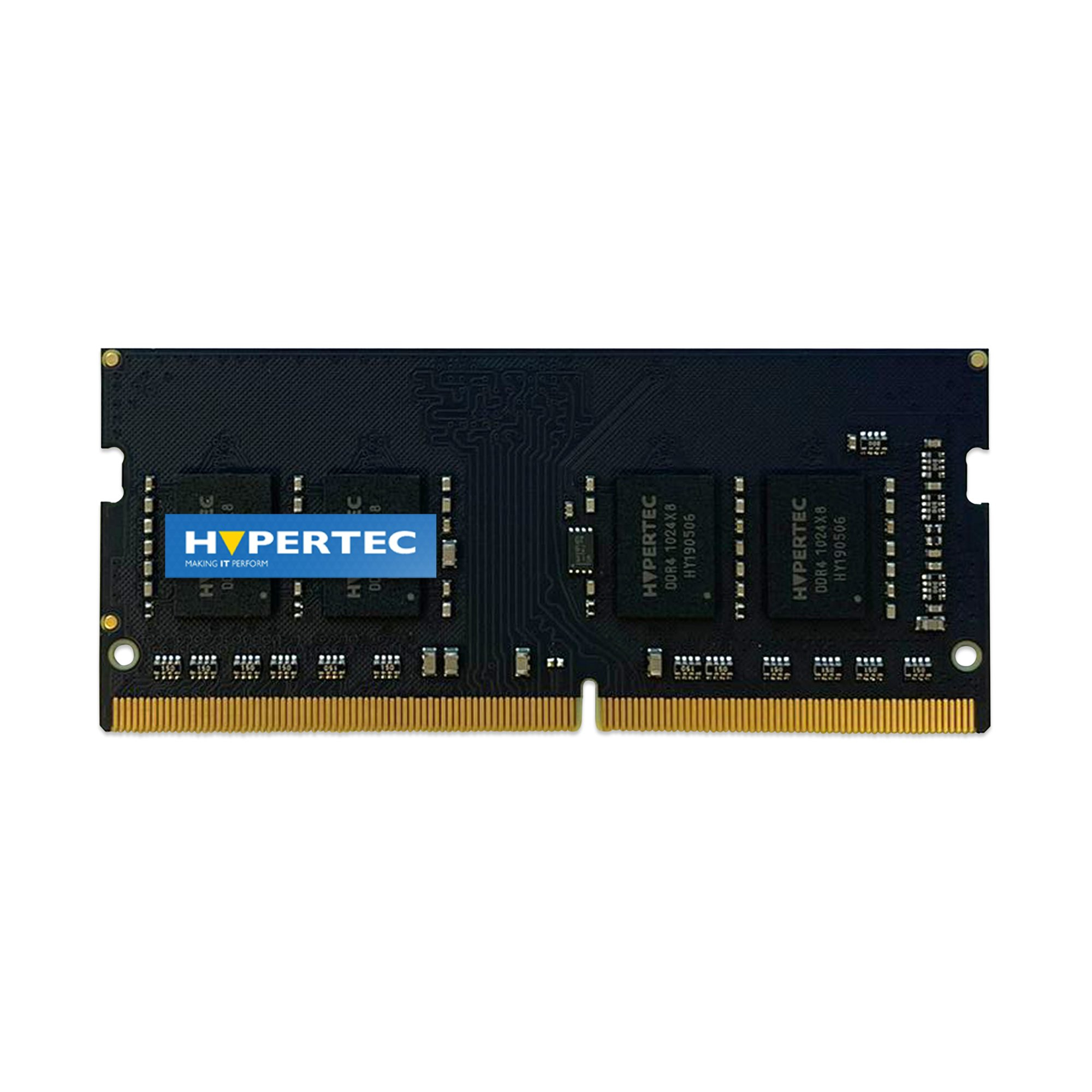 Modulo RAM nero con pin dorati, logo HYPERTEC e PCB nera. Sfondo bianco.
