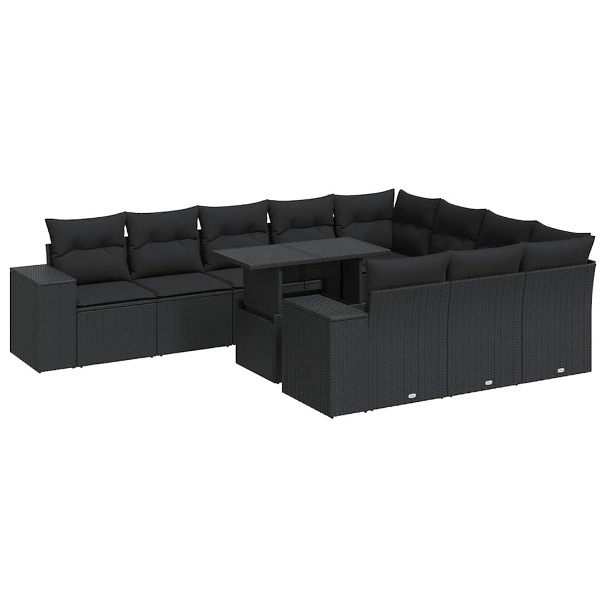 Set di mobili da esterno in vimini nero, tavolo e cuscini. Sfondo bianco.
