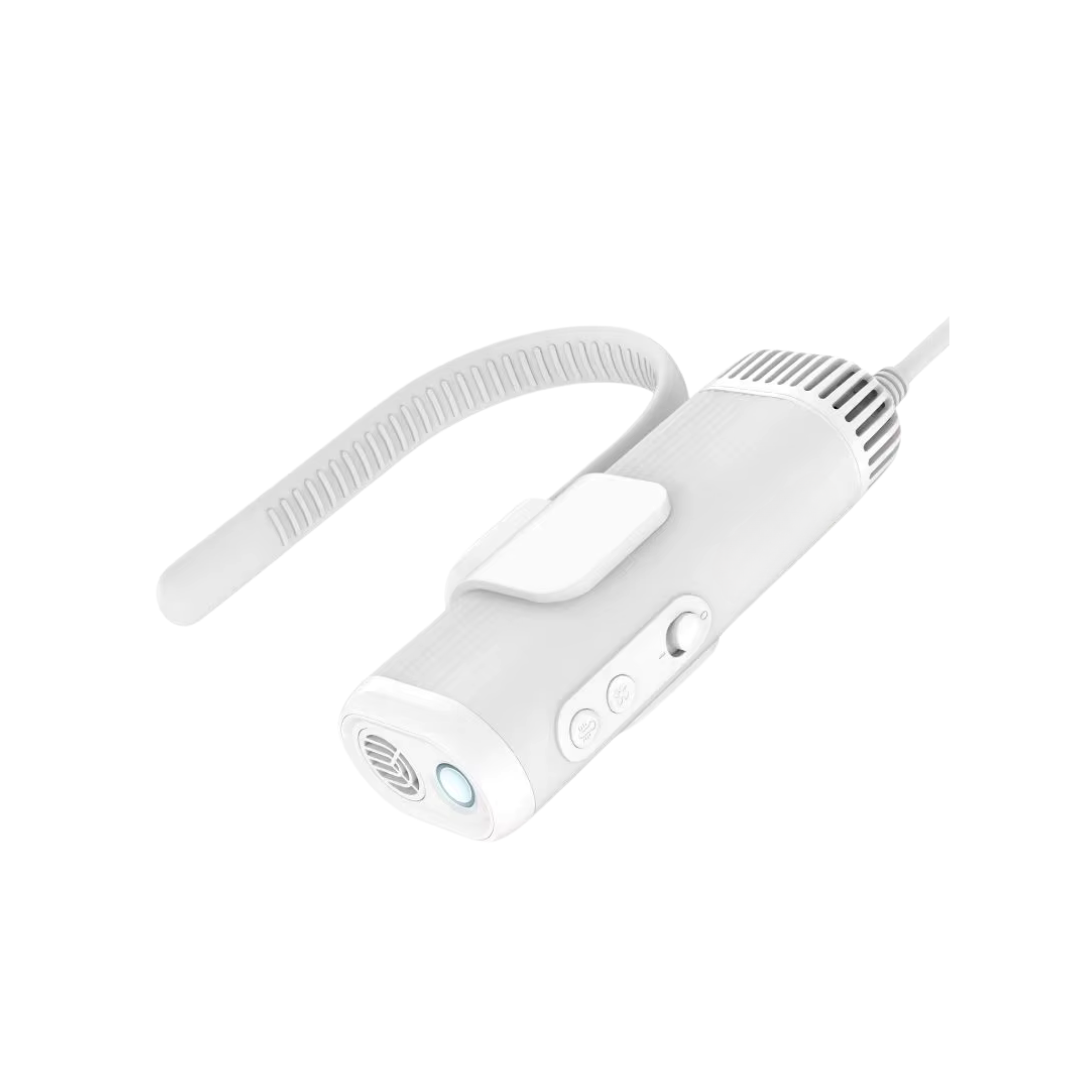 Un dispositivo portatile bianco con un tubo flessibile, pulsanti e una piccola luce, su una superficie bianca.