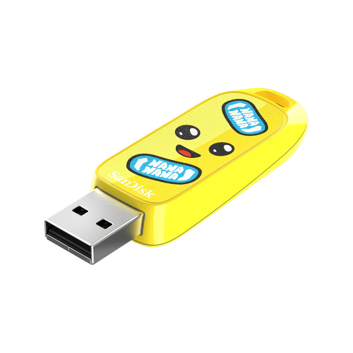 Żółty pendrive USB z kreskówkową twarzą. Niebieski tekst na dysku. Białe tło.