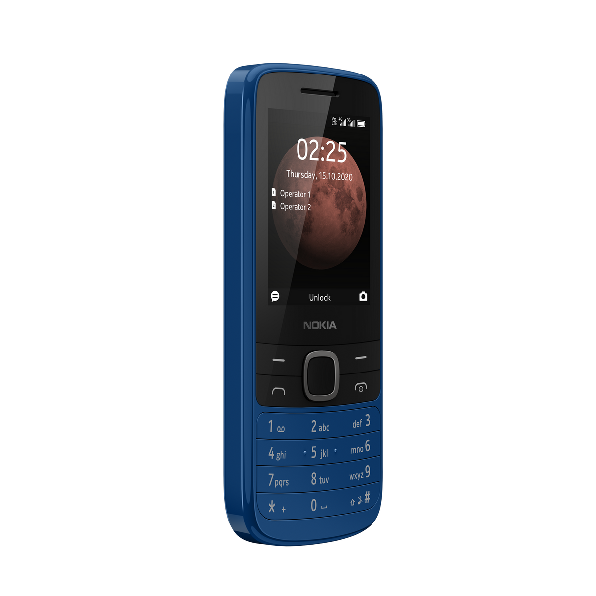 Teléfono Nokia azul con pantalla que muestra la hora y una imagen lunar.