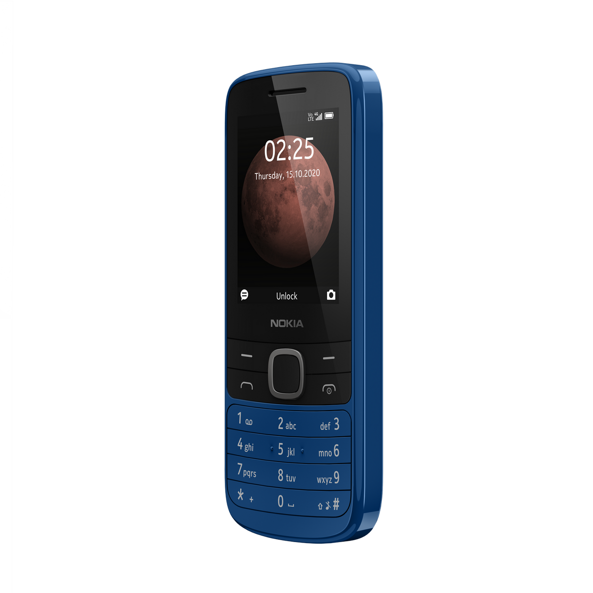 Teléfono Nokia azul con pantalla que muestra la hora y una imagen lunar.