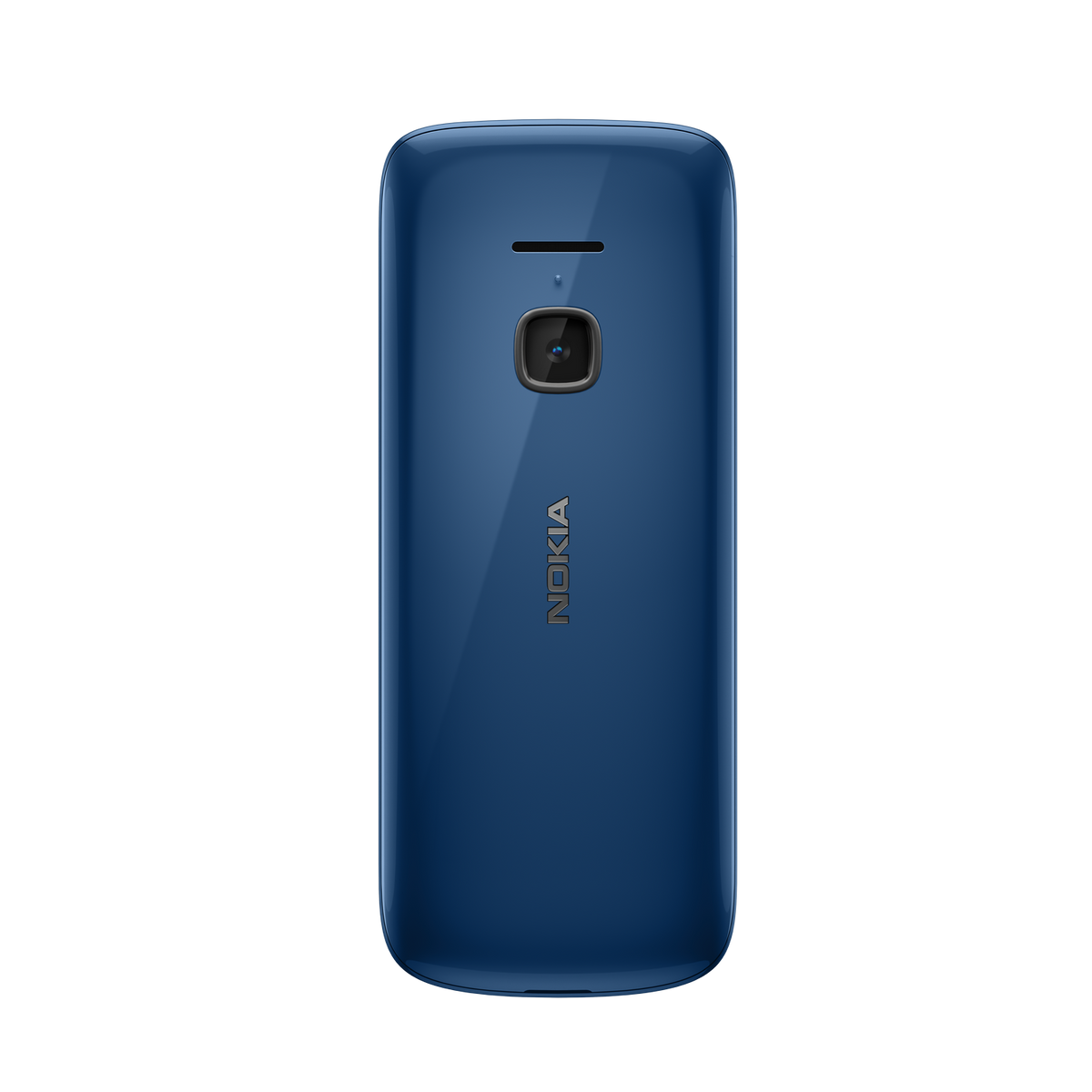 Parte trasera del teléfono Nokia azul. Cámara, flash y logo Nokia visibles.