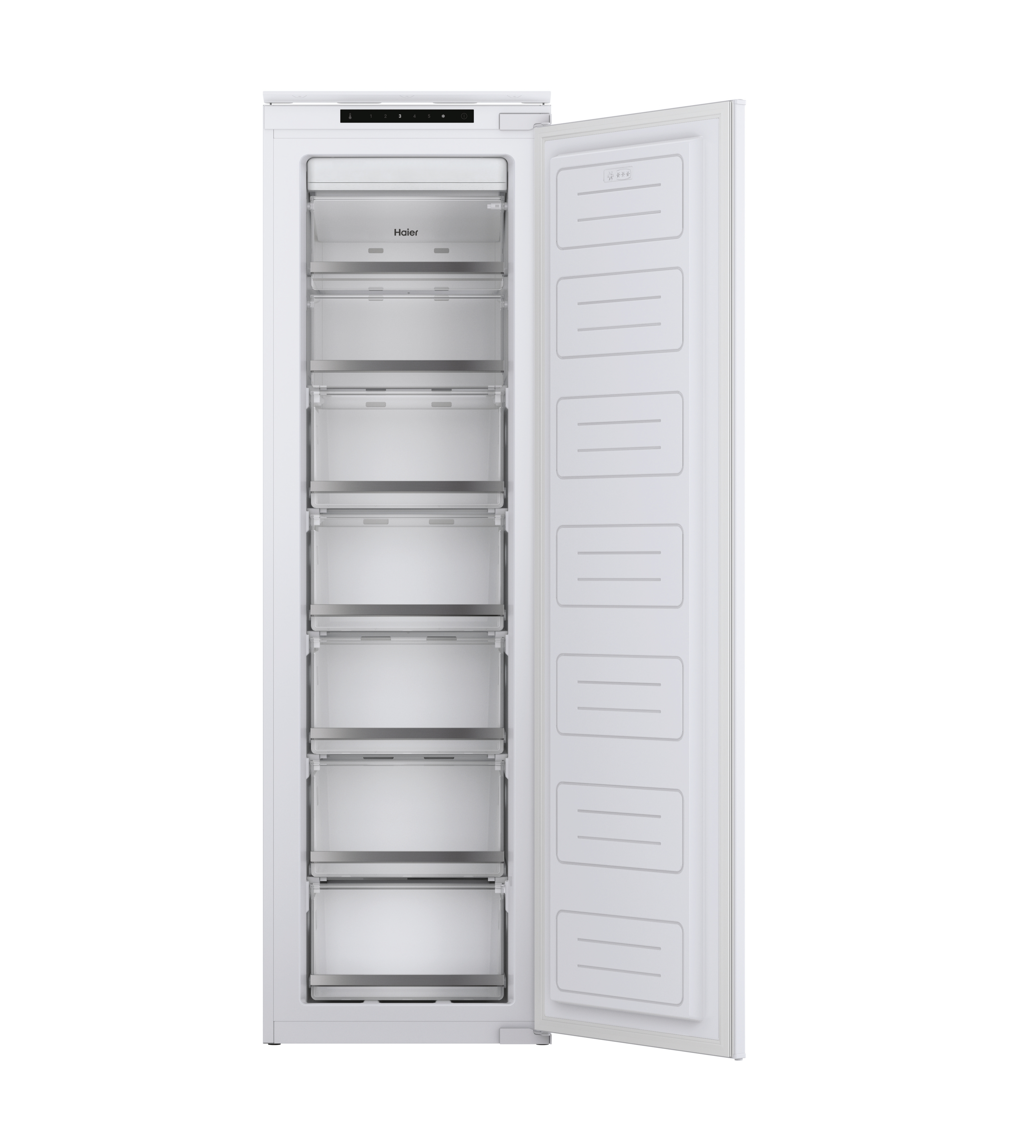 Congelador Haier blanco con la puerta abierta. Tiene múltiples cajones dentro. El fondo es blanco.