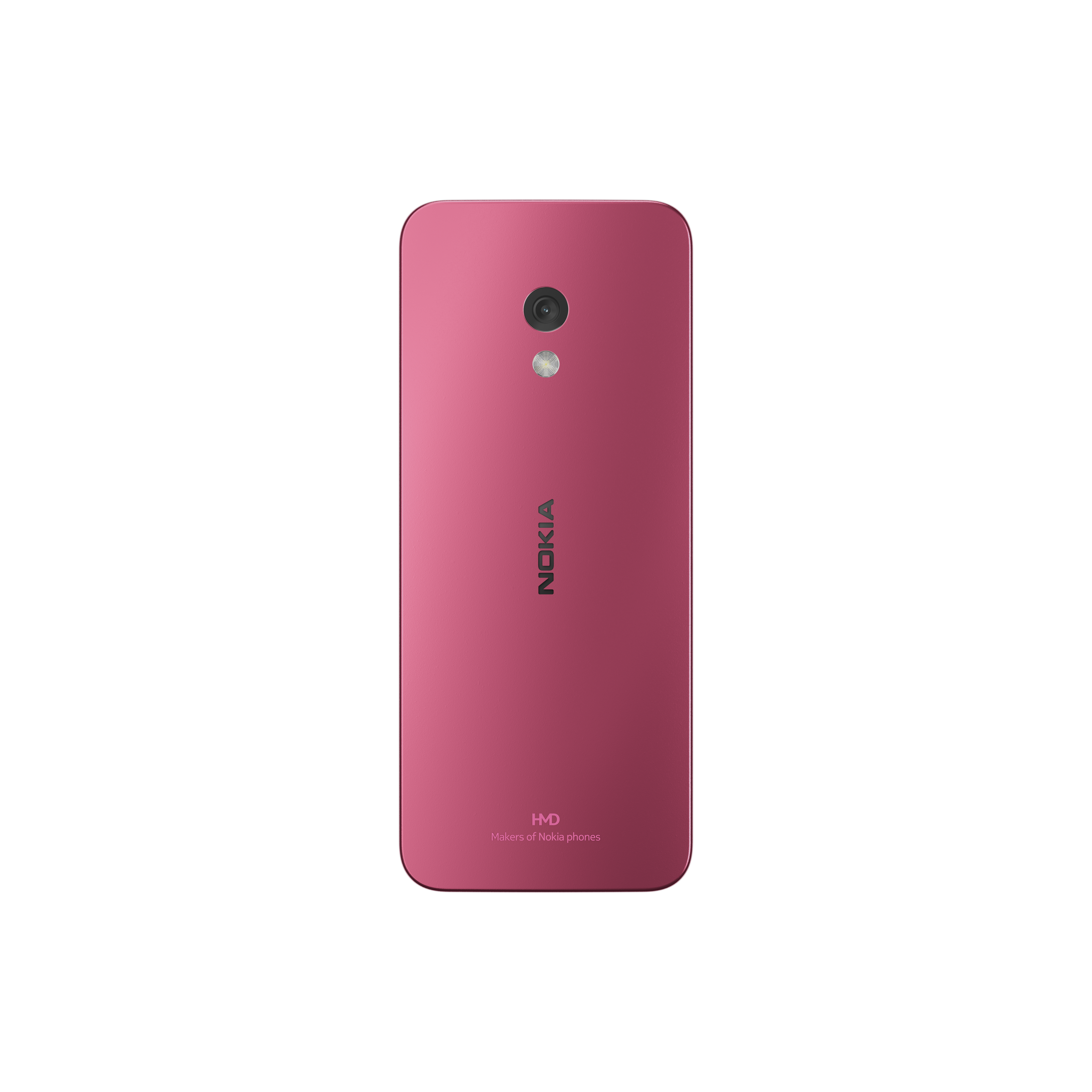 La parte trasera de un teléfono Nokia rosa con una sola cámara y la marca Nokia.