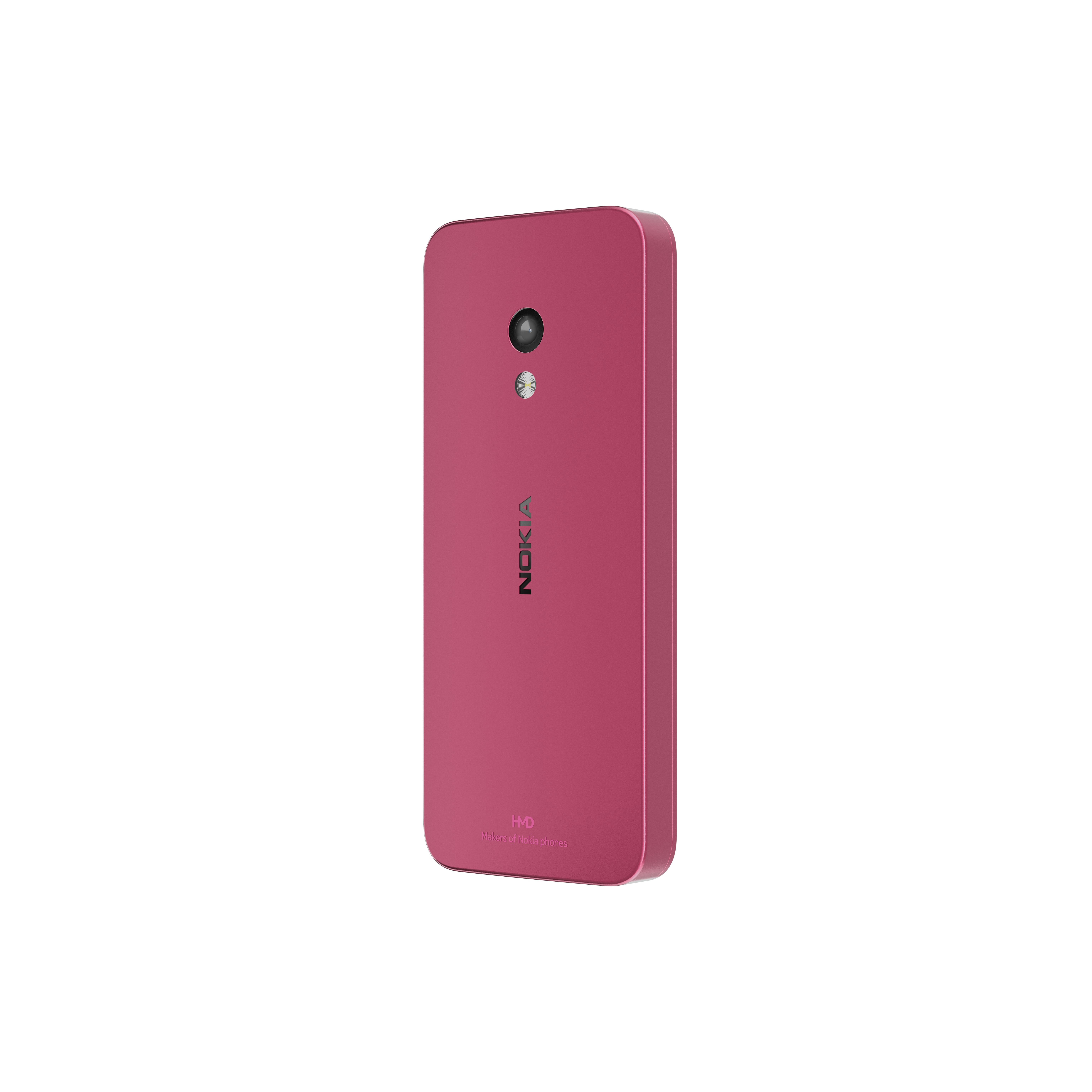 La parte trasera de un teléfono Nokia rosa con una sola cámara y marca Nokia, de pie.