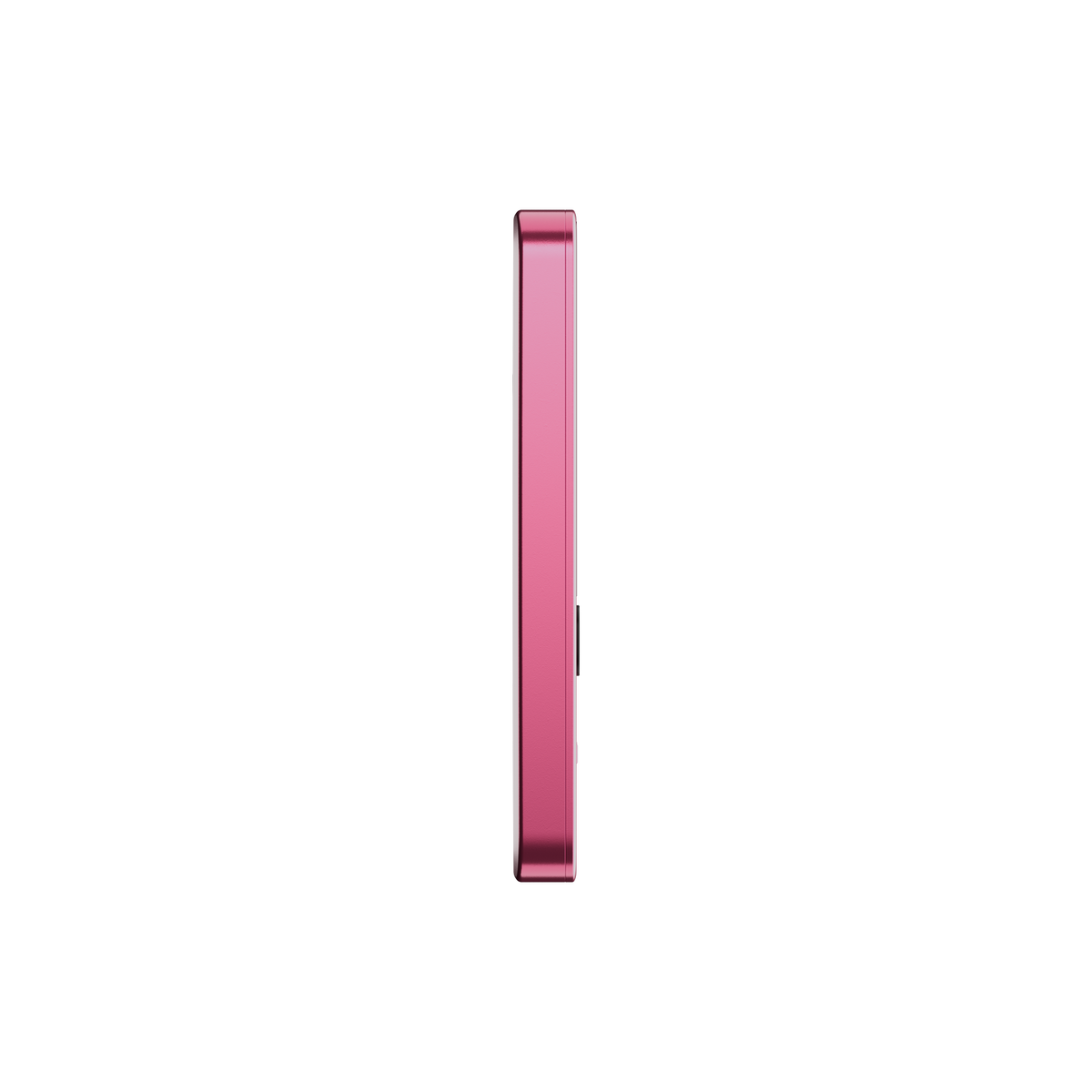 Un perfil delgado de teléfono rosa contra un fondo negro.