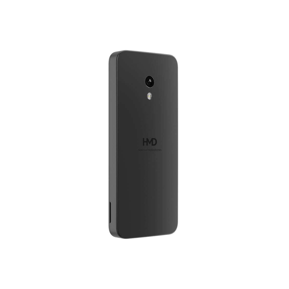Teléfono HMD negro, con cámara y logotipo. La parte trasera es lisa. El fondo es negro.
