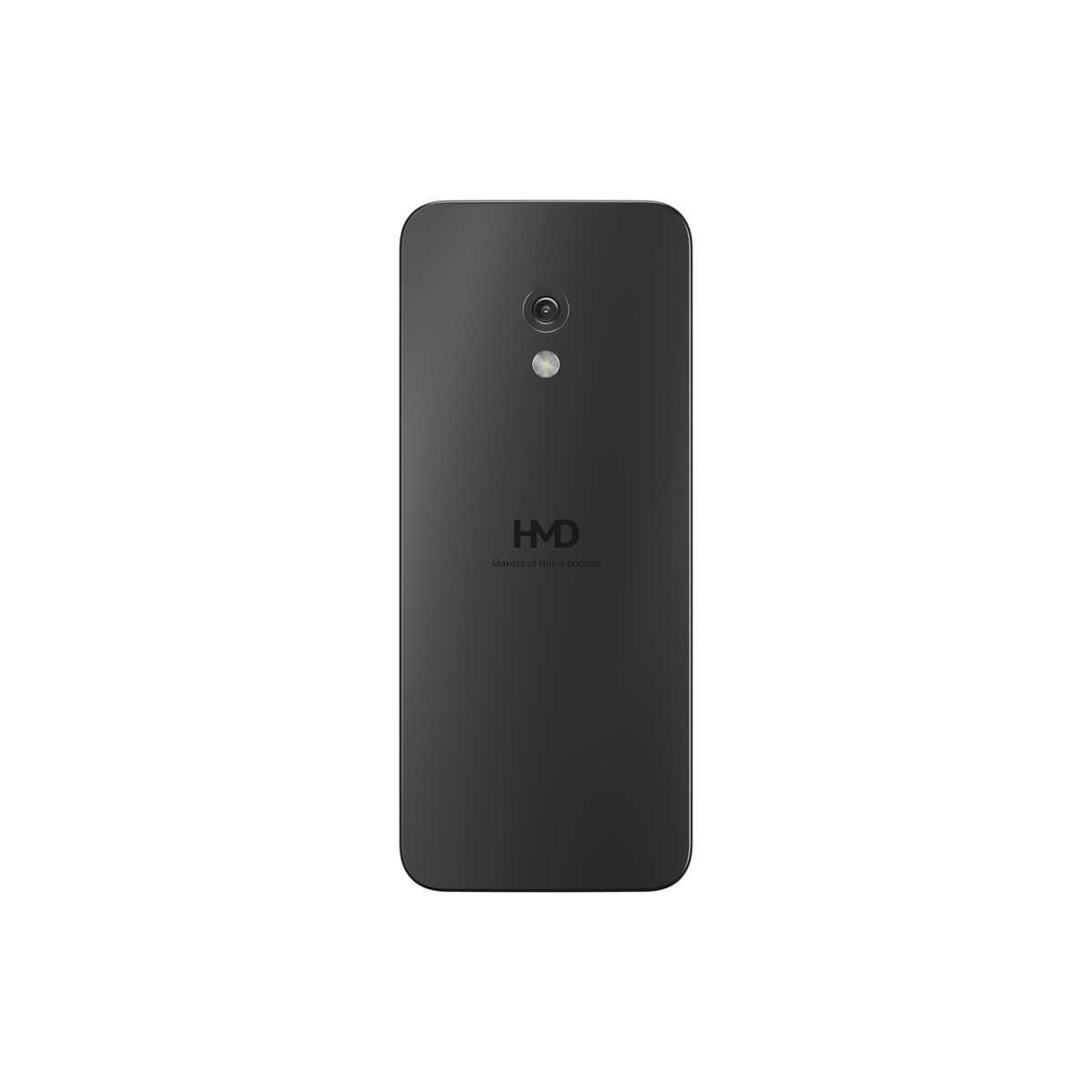 Una parte trasera de smartphone negra con lente de cámara y el logotipo de HMD sobre un fondo negro.
