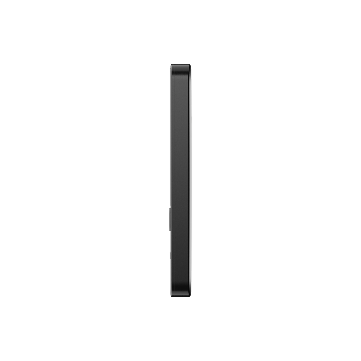 Un perfil delgado de teléfono negro contra un fondo negro.