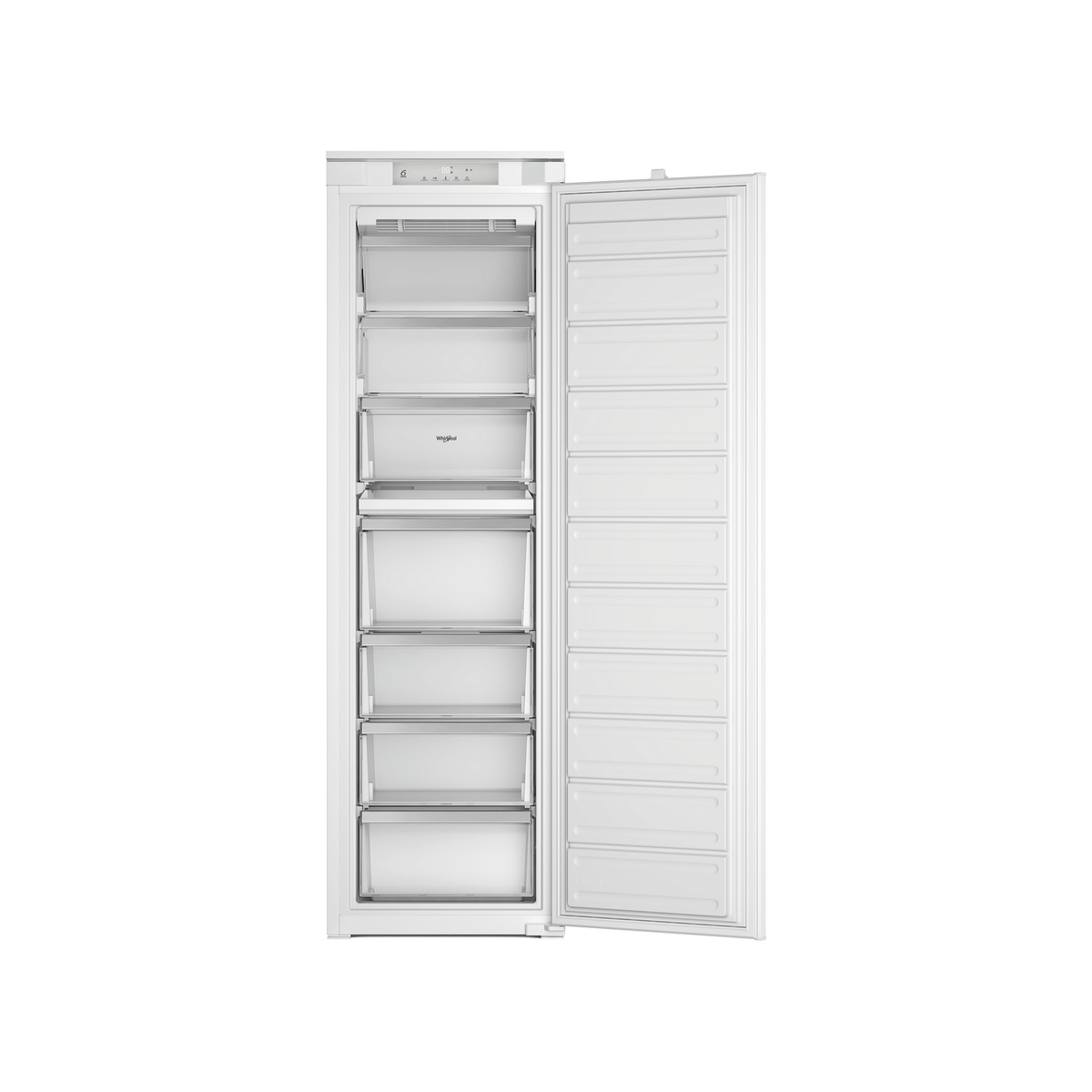Un congelatore bianco con la porta aperta, che rivela diversi cassetti. Lo sfondo è bianco.