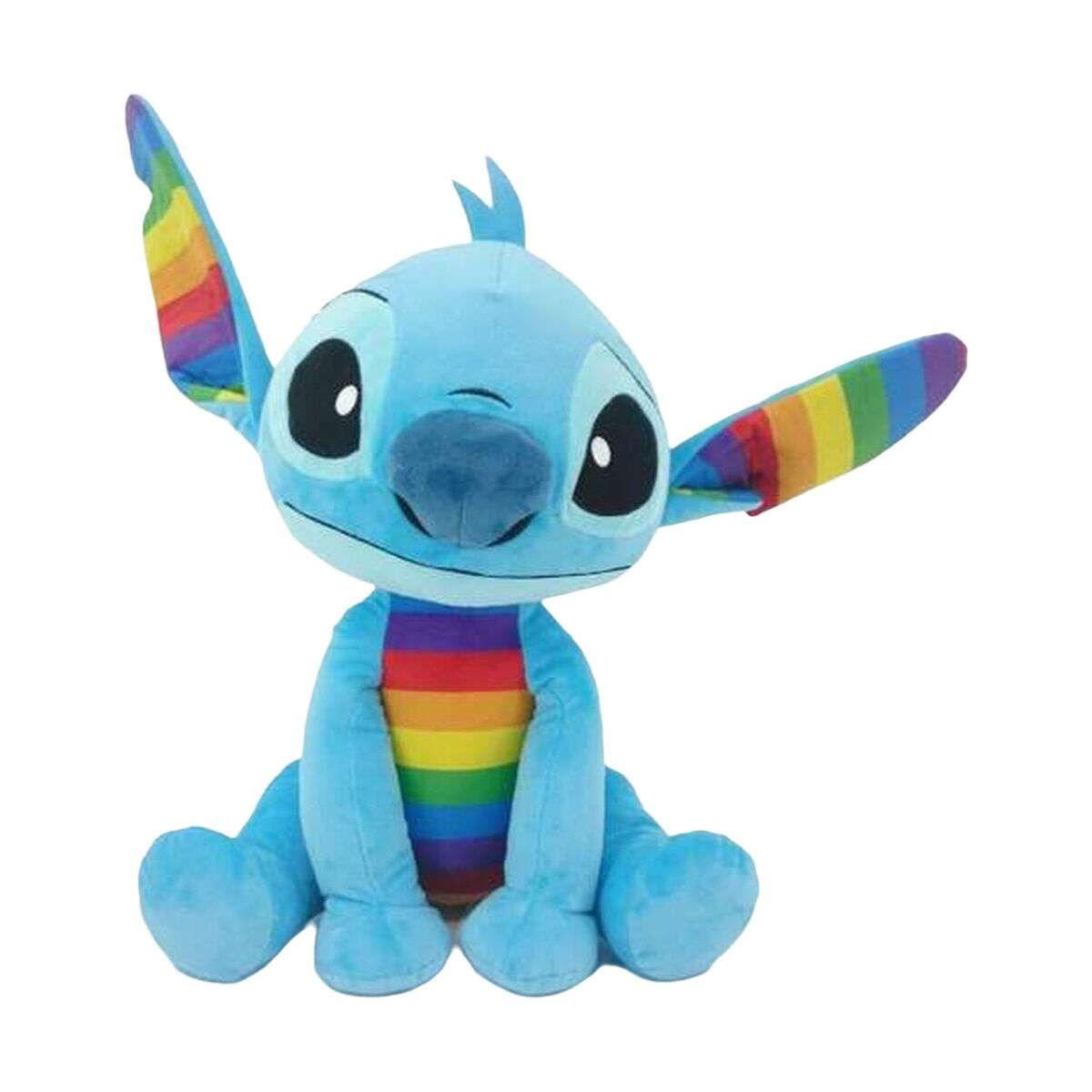 Blaues Stitch-Plüschtier mit Regenbogenakzenten. Stitch sitzt, schaut nach vorne und lächelt. Weißer Hintergrund.