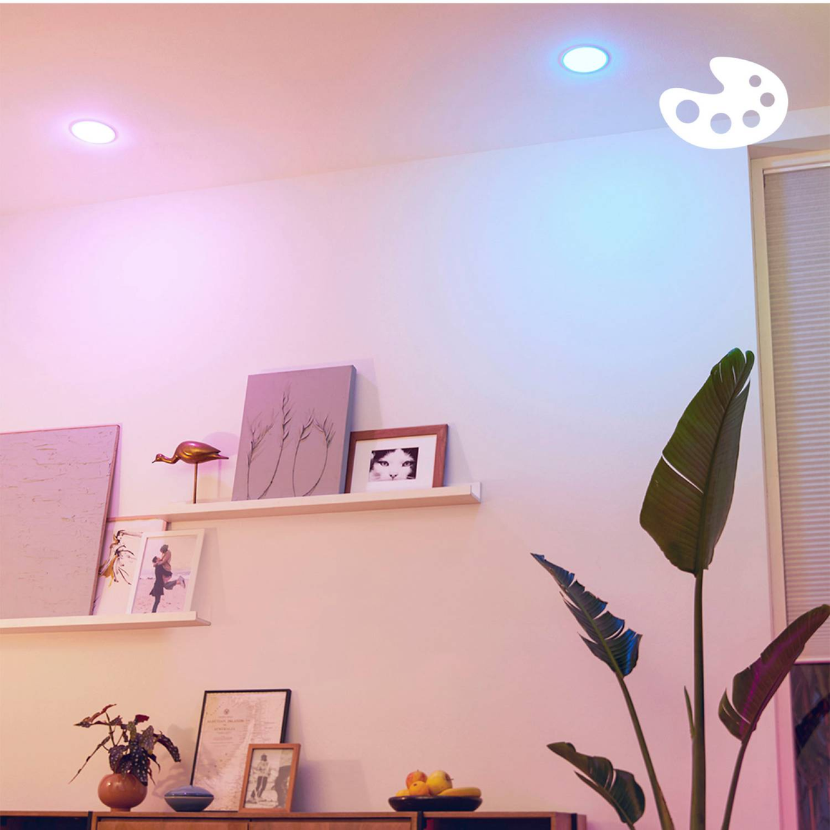 Un interno di soggiorno con due luci a soffitto intelligenti e una pianta sul lato destro.