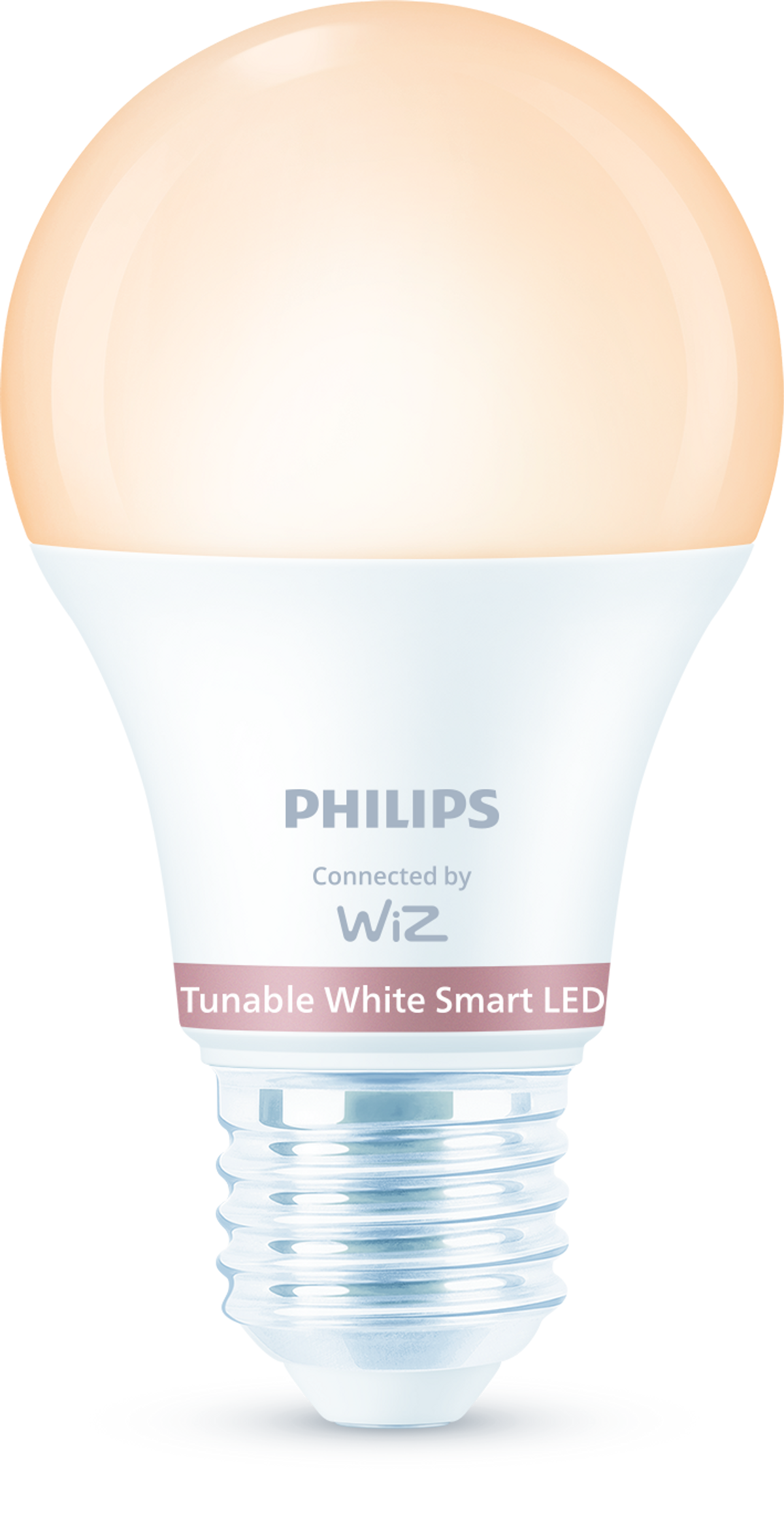 Una lampadina LED intelligente Philips. È bianca con una fascia rosa e luce bianca calda.