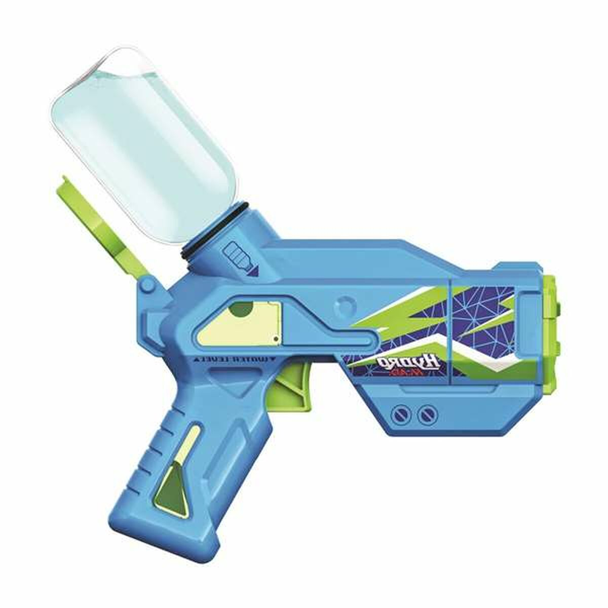 Blaues und grünes Wasserspielzeug. Hat einen Wassertank oben und einen Auslöser.