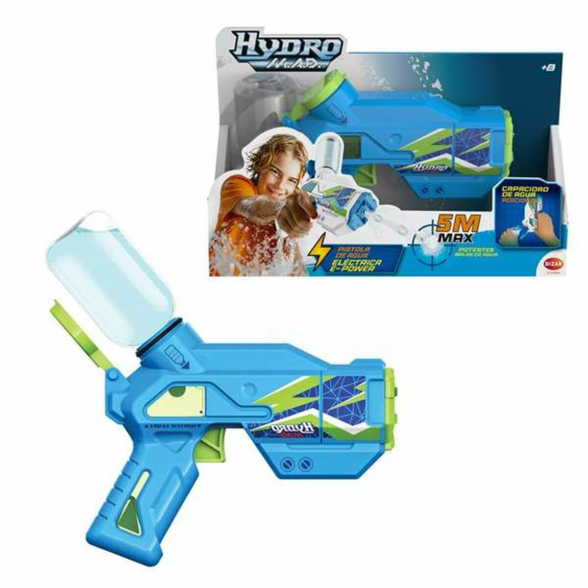 Blaue Wasserpistole mit grünen Akzenten und Wassertank. Die Verpackung zeigt einen Jungen, der die Pistole zielt.