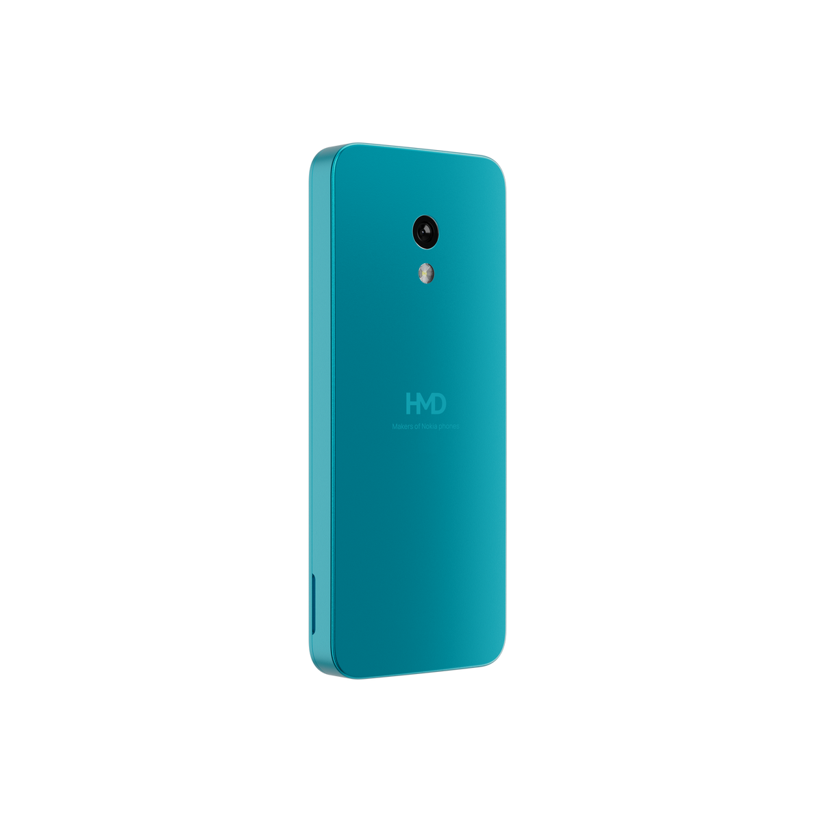 Teléfono turquesa, vista trasera, con cámara y logotipo HMD, sobre fondo negro.