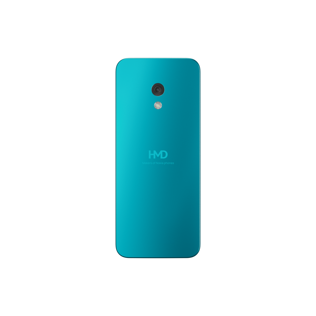 Parte trasera de teléfono turquesa con cámara y logotipo. Fondo negro.