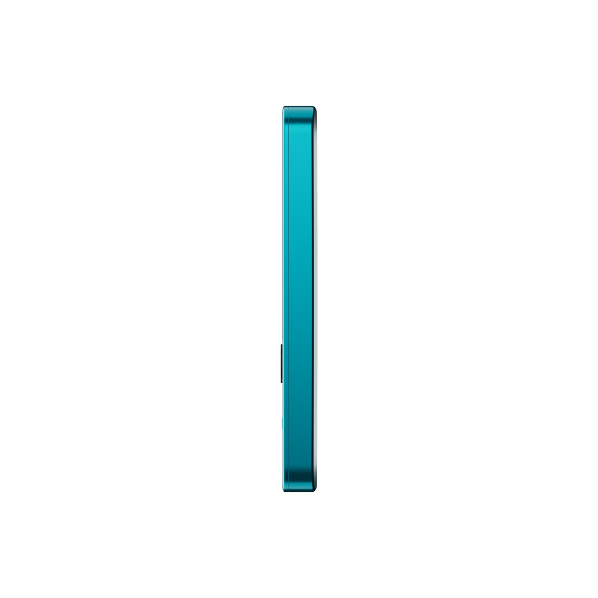 Un borde de teléfono verde azulado contra un fondo negro, mostrando el perfil lateral del teléfono.
