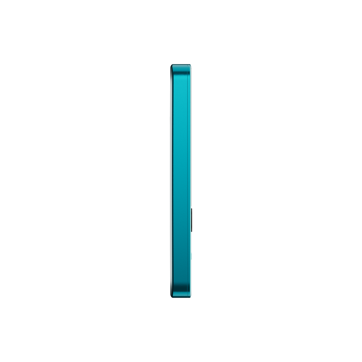 Un teléfono verde azulado de lado contra un fondo negro. Es elegante y moderno.