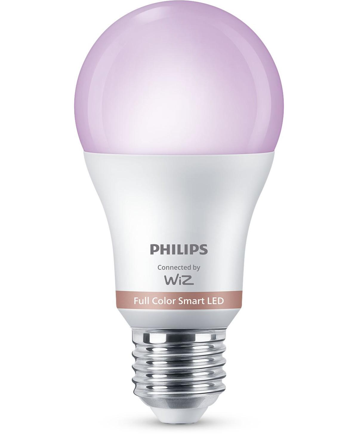 Żarówka Philips Smart LED z białą podstawą i różowawą poświatą.