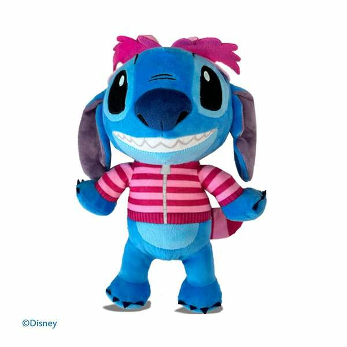 Blaues Stitch-Plüschtier mit einem rosa-weiß gestreiften Hemd und einer rosa Schleife auf dem Kopf.