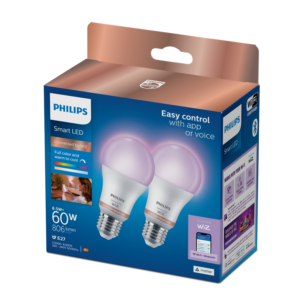 Pudełko żarówek Philips Smart LED z dwiema świecącymi żarówkami, które pokazują fioletowe światło.