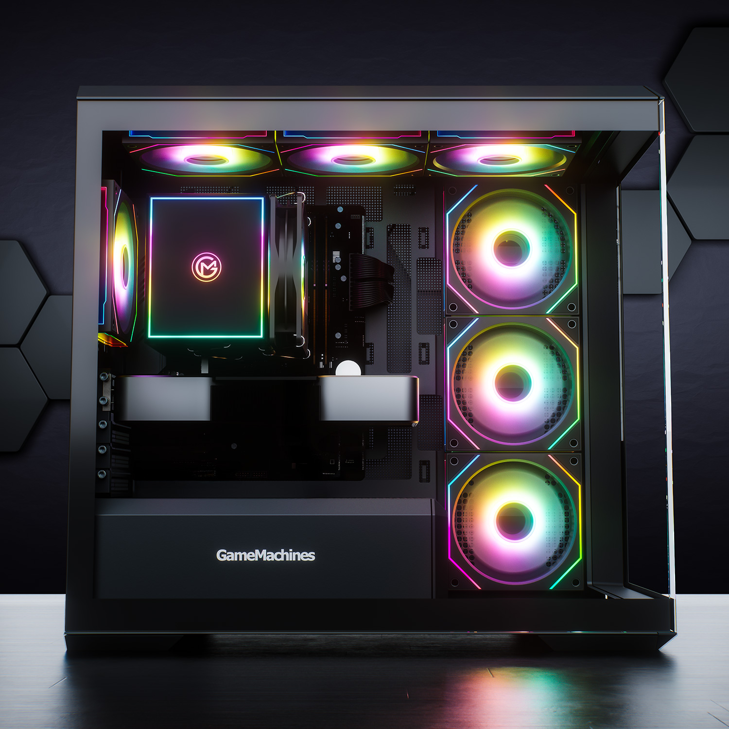 Ein schwarzes Computergehäuse mit bunten Lichtern von Lüftern im Inneren und dem GameMachines-Logo.