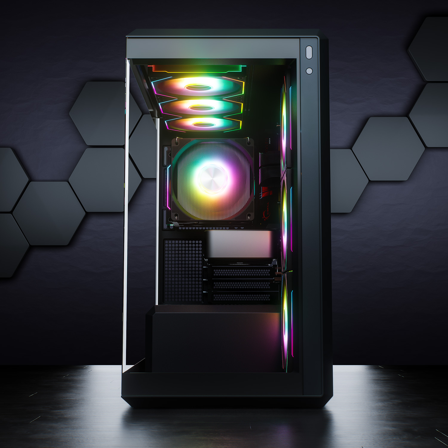 Ein schwarzes Computergehäuse mit Glasseitenwand, zeigt farbenfrohe Innenkomponenten.
