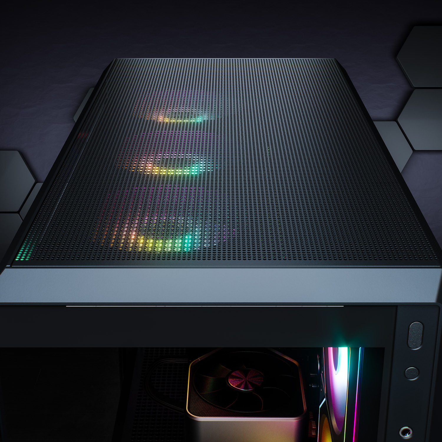 Draufsicht auf ein Computergehäuse mit Mesh-Oberseite und bunten Lichtern von Lüftern.