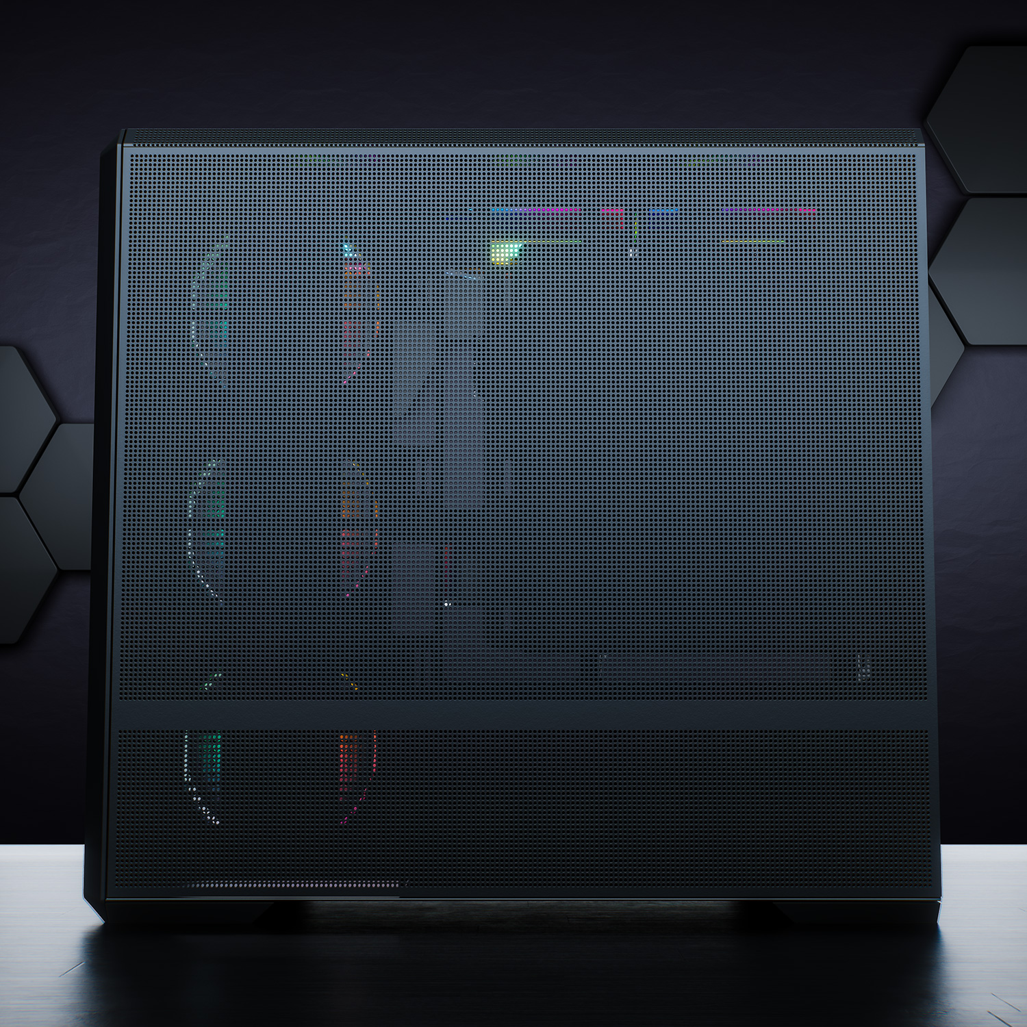 Ein schwarzes Computergehäuse mit perforierter Frontplatte. Bunte Lichter sind innen sichtbar.