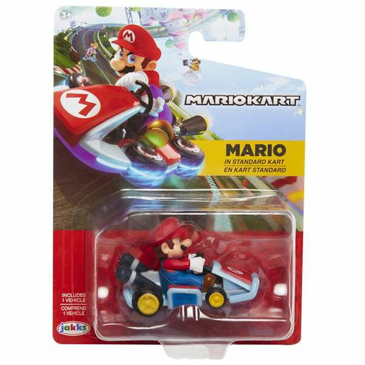 Mario Kart Spielzeug in Verpackung. Zeigt Mario in einem Kart. Enthält ein Fahrzeug.