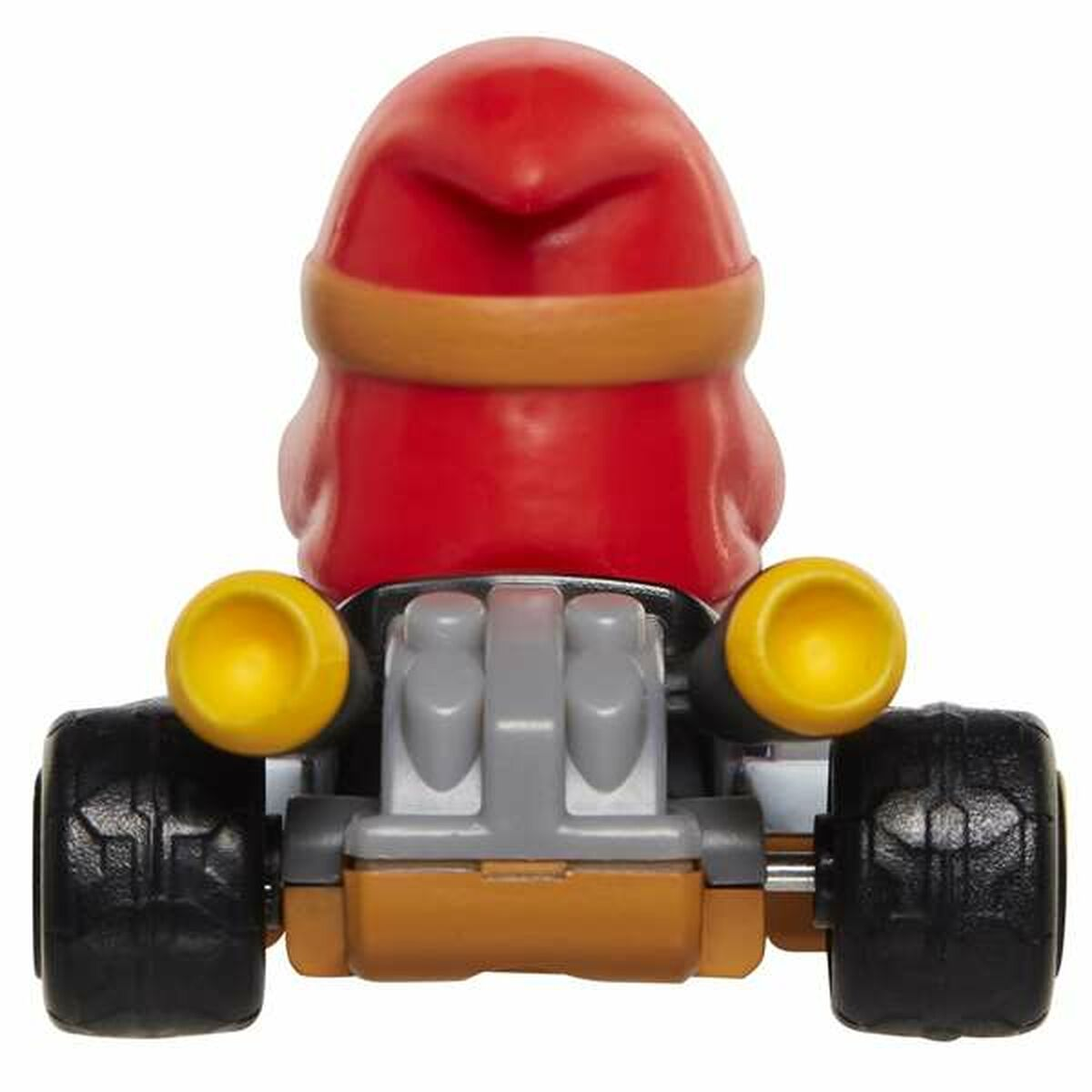 Ein rotes Charakterspielzeug in einem Kart mit gelben Scheinwerfern und schwarzen Rädern, von vorne gesehen.