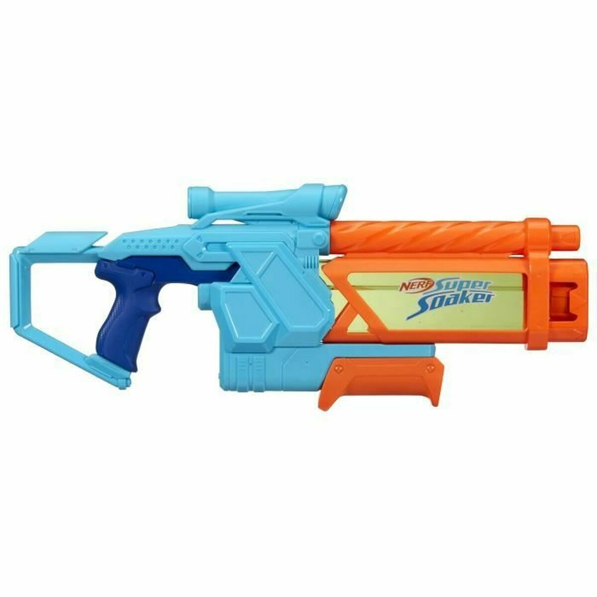 Una pistola de agua Nerf Super Soaker azul y naranja sobre un fondo blanco.