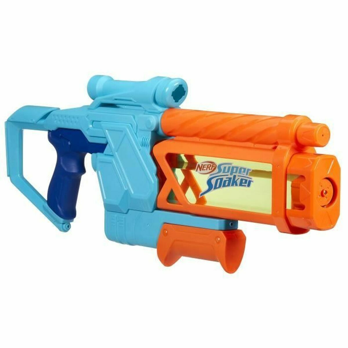 Una pistola de agua Nerf Super Soaker azul y naranja. Está frente a un fondo blanco.