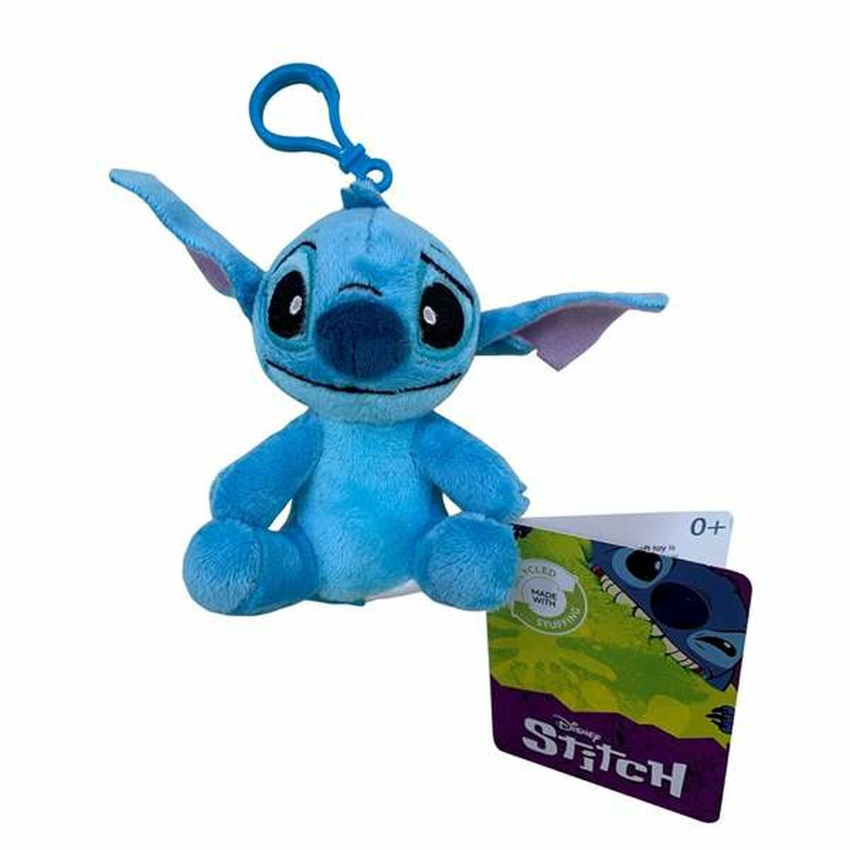 Peluche di Stitch blu con anello blu per appendere, etichetta con logo Disney Stitch.